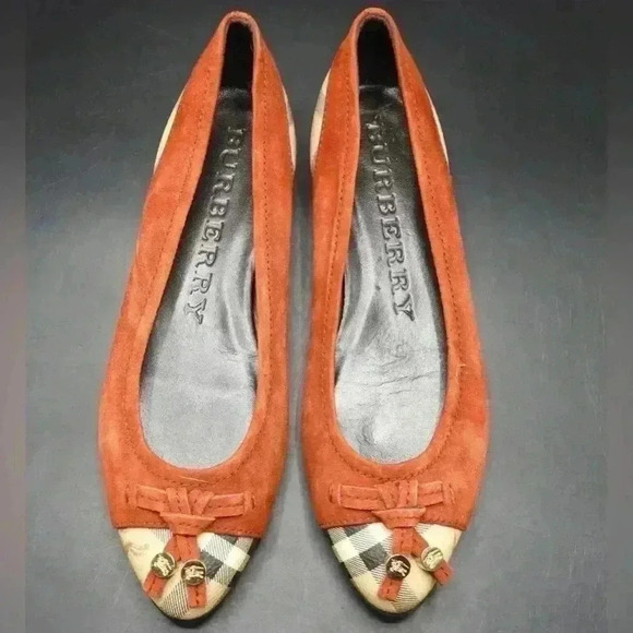 Authentic Womens Burberry Nova Check Ballet Flat Shoes  Leather red pointed 36.5 - Picture 1 of 9